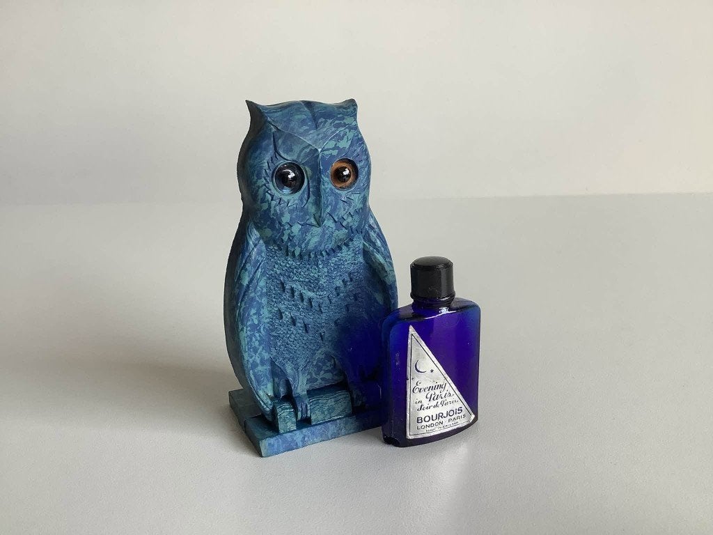 Zeldzame Bourjois "Le Hibou" parfumhouder met flacon, Ophalen of Verzenden, Zo goed als nieuw, Miniatuur
