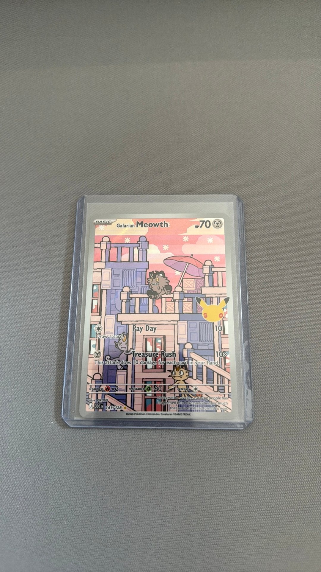 Galarian Meowth 141 Pokemon 30 th, Ophalen of Verzenden, Nieuw, Losse kaart, Foil