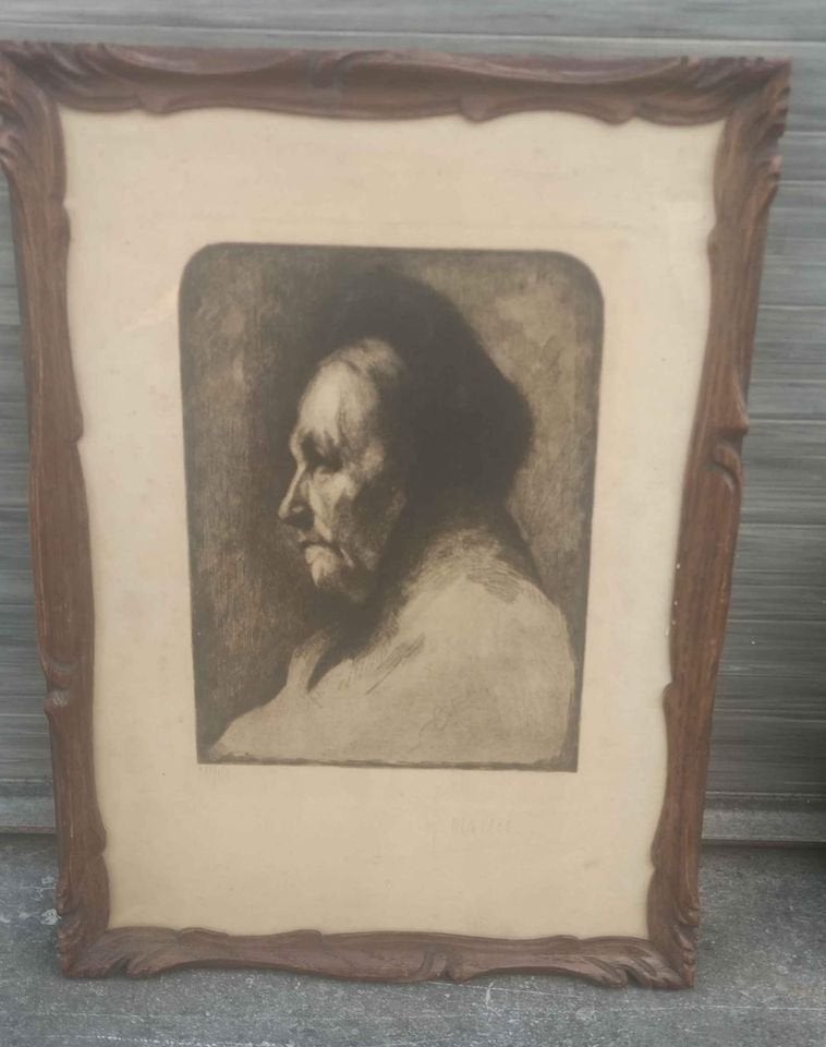 Gravure vieille dame signe René mallet, Enlèvement ou Envoi, Gravure
