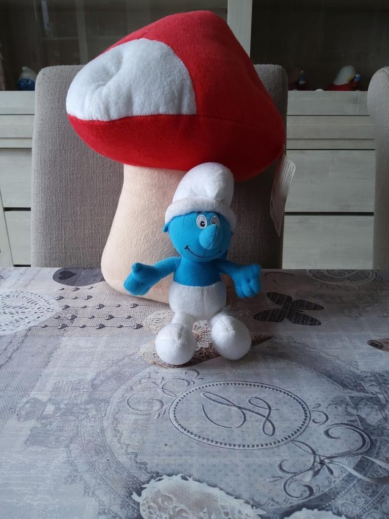 Peluche Schtroumpf avec Champignon, Enlèvement ou Envoi, Utilisé, Poupée, Figurine ou Peluche