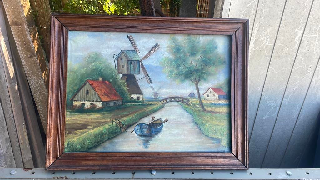 Ancienne peinture tableau cour d’eau moulin 1947, Antiek en Kunst, Kunst | Schilderijen | Klassiek, Ophalen of Verzenden
