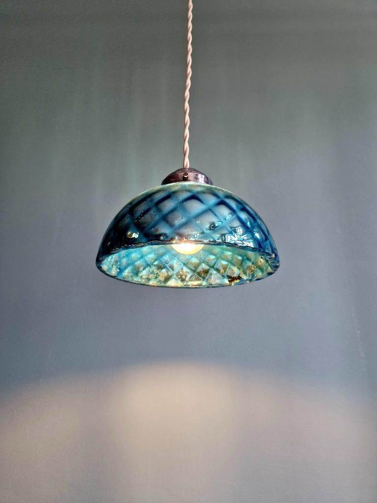 Blauwe vergulde glazen hanglamp, jaren 20, Antiek en Kunst, Ophalen of Verzenden