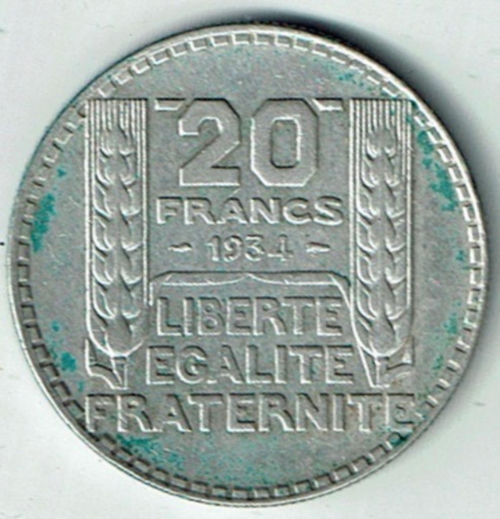 20 francs 1934 argent France, Envoi, France, Monnaie en vrac, Argent