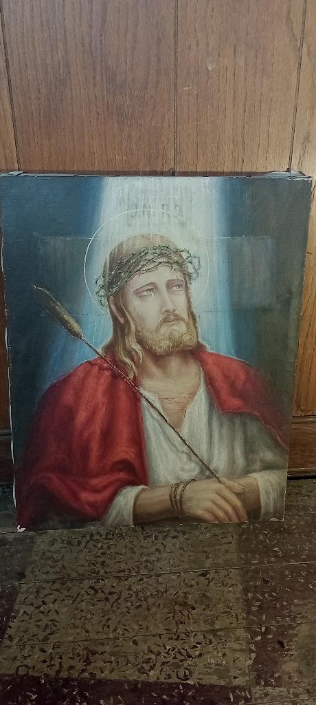 Peinture sur toile Christ, signée Vd. Berghe, 1920,40x50,n9, Antiquités & Art, Art | Peinture | Classique, Enlèvement ou Envoi