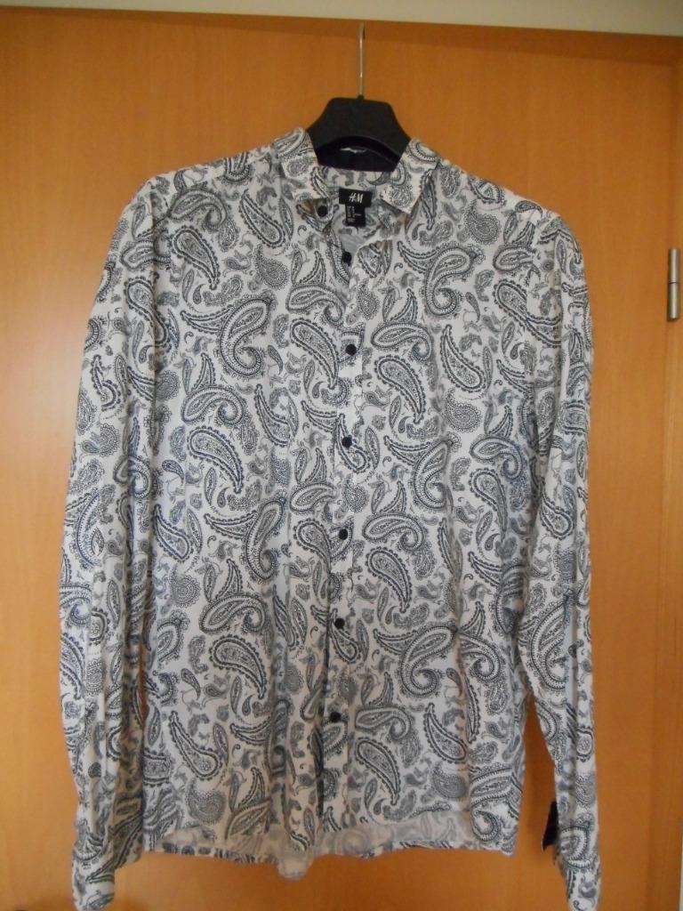 Chemise à motifs noirs sur fond blanc - M, Kleding | Heren, Overhemden, Overige kleuren, H&M, Gedragen, Halswijdte 39/40 (M)