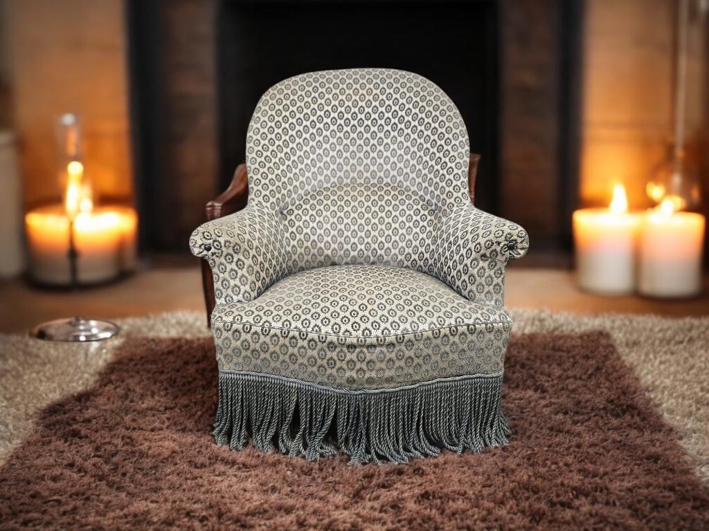 vintage grijze éénzit / clubzetel / fauteuil met franjes, Antiek en Kunst, Ophalen of Verzenden