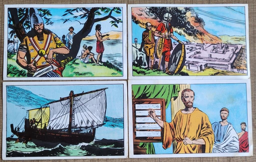 4 oude verzamelprenten: De geschiedenis van de wereld, Enlèvement ou Envoi, Utilisé, Autres sujets/thèmes, Gravure