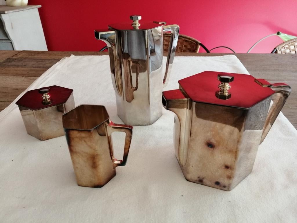 zeshoekig verzilverd koffie- en theeservies, Ophalen, Zilver