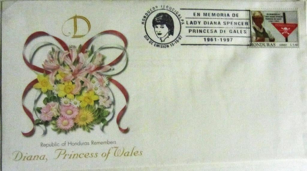 GROTE FDC- PRINSES DIANA MET POSTZEGEL HONDURAS, Ophalen of Verzenden, Gestempeld, Koningshuis