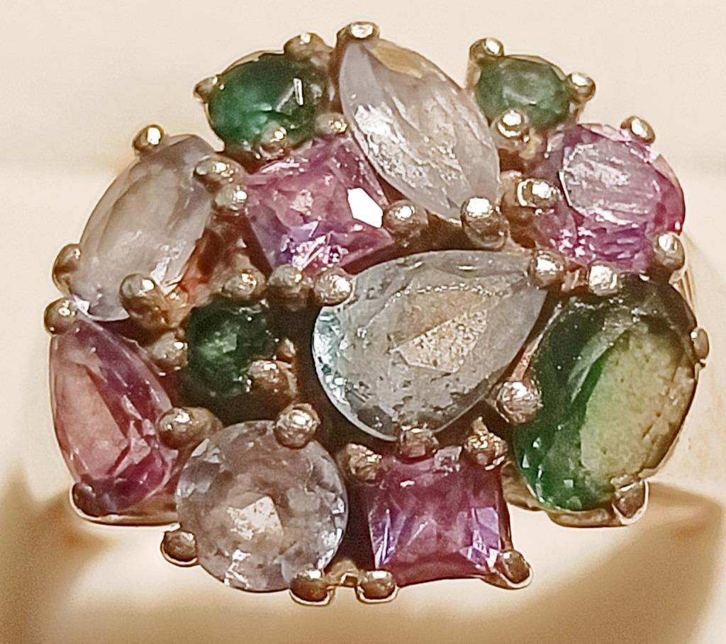 Bague en argent ornée de 12 pierres multicolores vintage, Enlèvement ou Envoi, Avec strass, Comme neuf, Femme