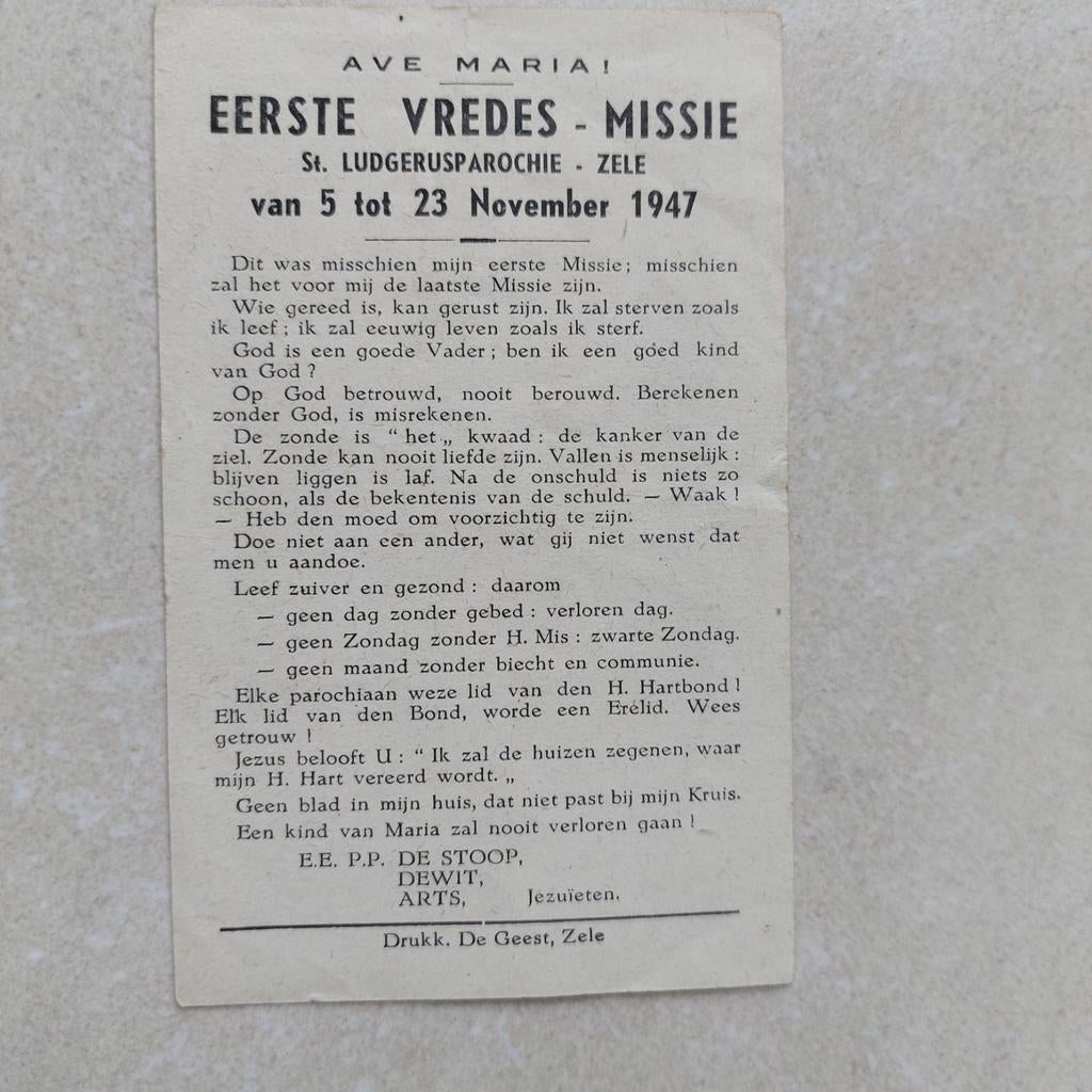 Oud bidprentje: Eerste Vredesmissie Zele 1947, Enlèvement ou Envoi, Image pieuse