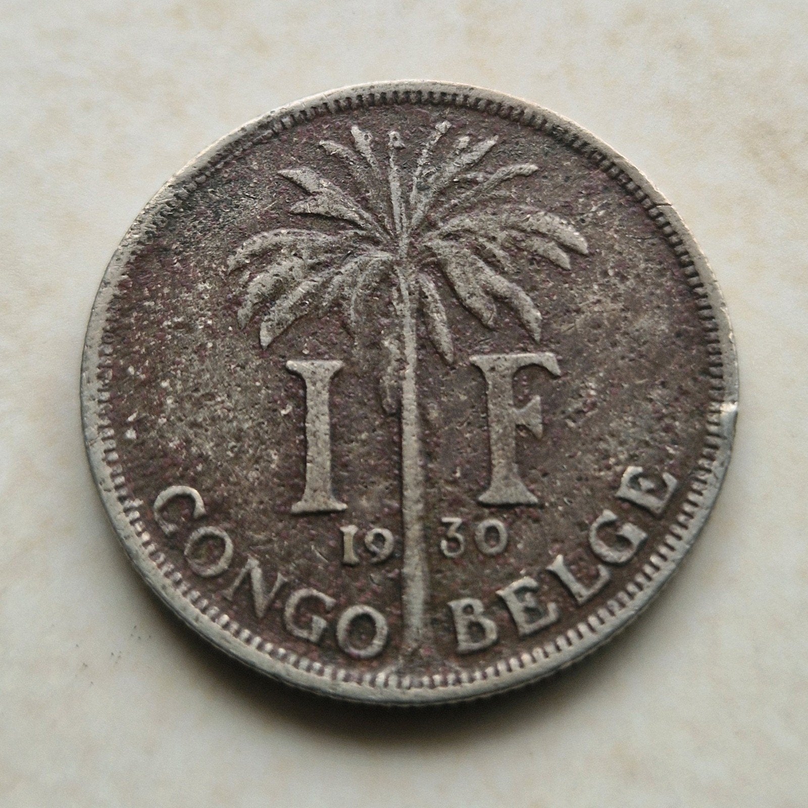 1930 Belgian Congo, 1 Franc coin, Enlèvement ou Envoi