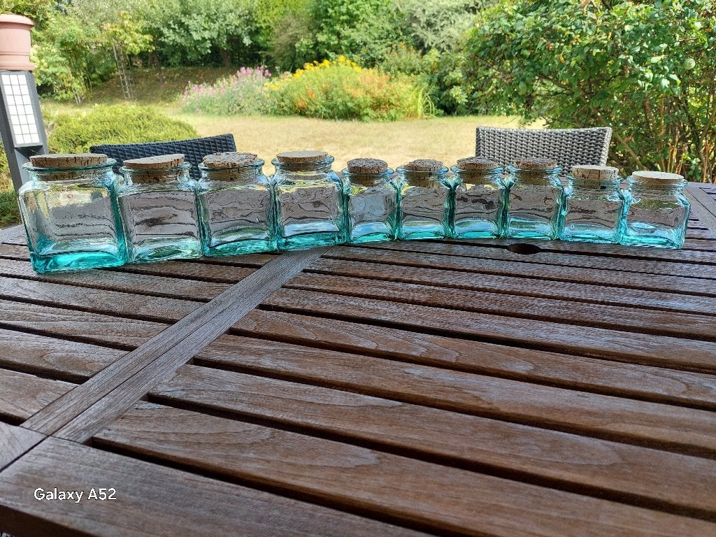 vintage jaren 70 voorraadpotten in groen glas met kurkstop, Ophalen