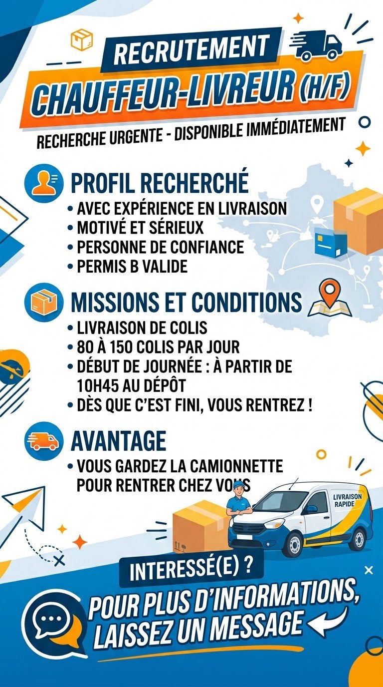 Urgent Offre d'emploi : Chauffeur-Livreur permis b, Offres d'emploi