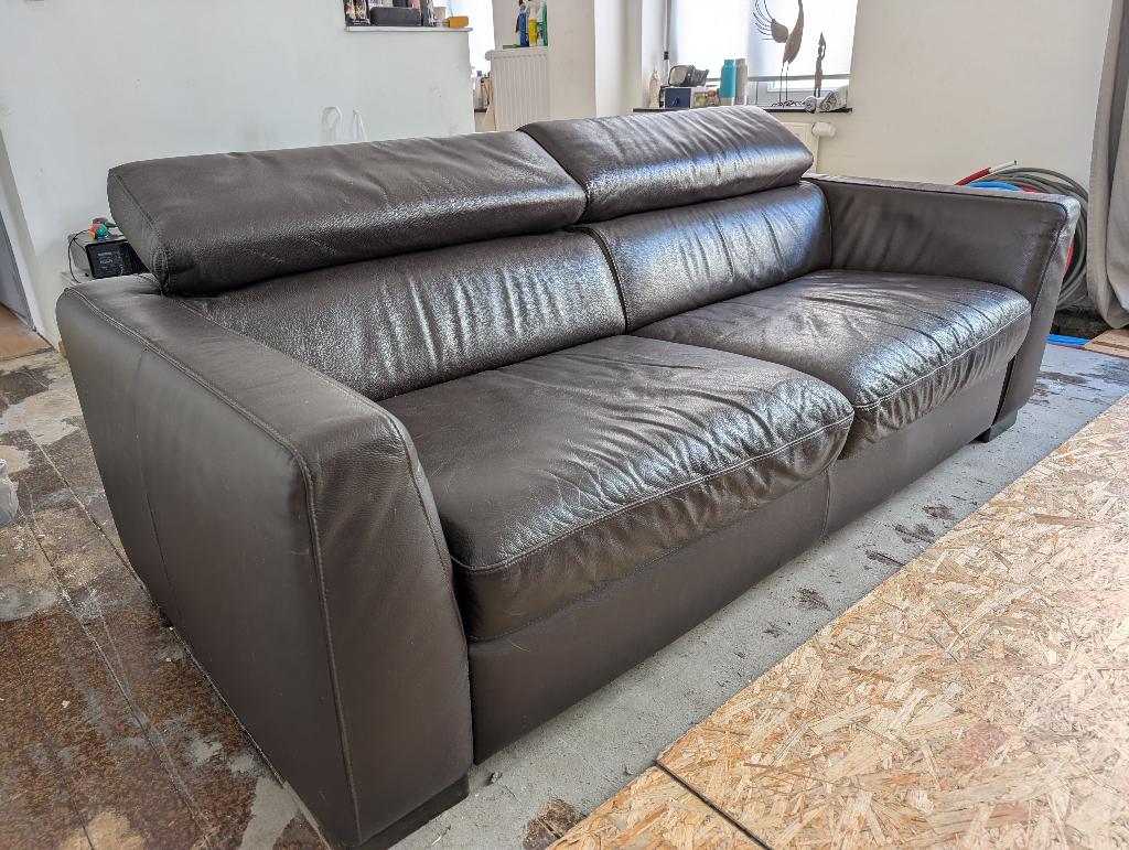 Canapé 3 places en cuir véritable marron, 200 à 250 cm, Banc droit, Enlèvement, Utilisé