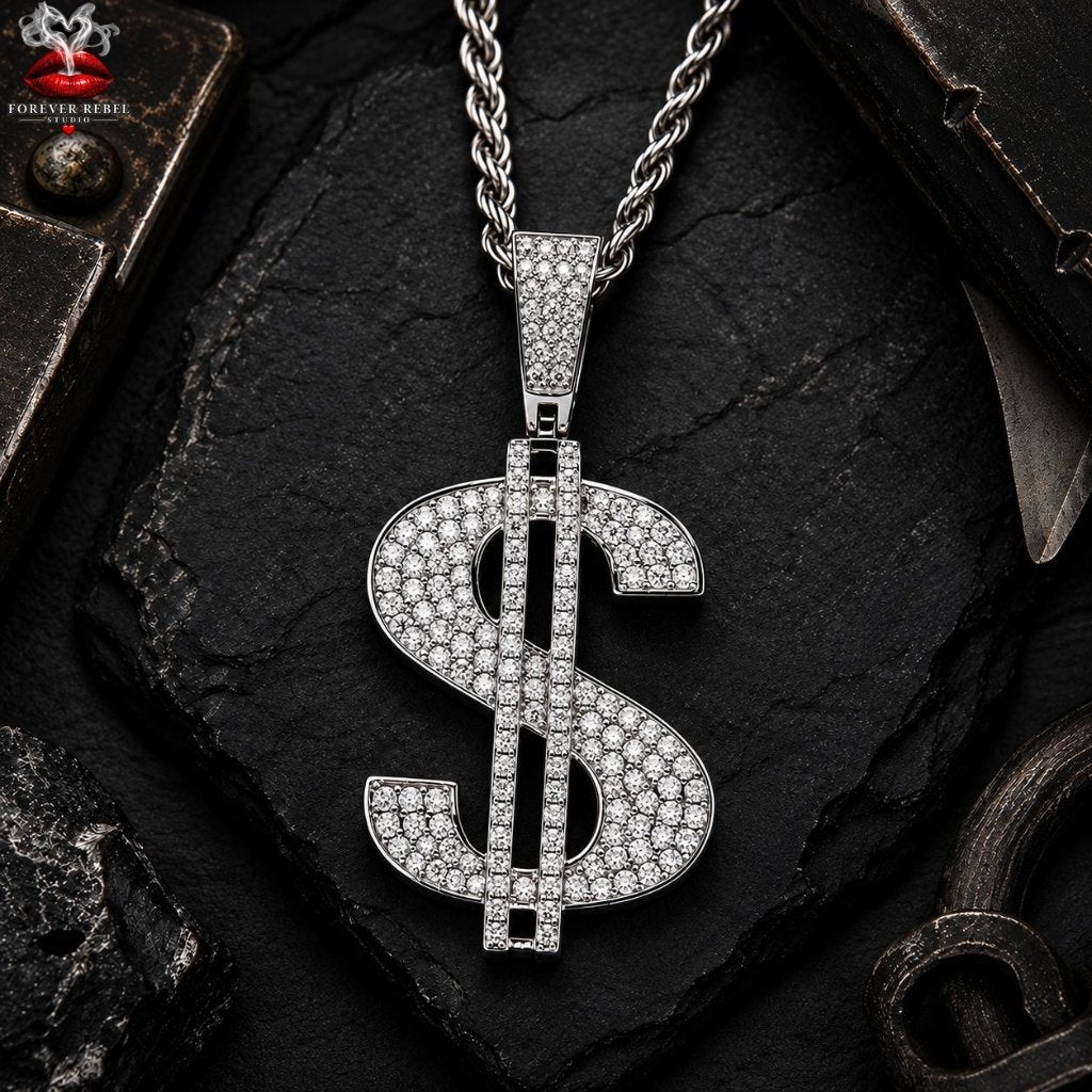 Iced Fortune Dollar hanger 158 moissanite - 925 Zilver, Bijoux, Sacs & Beauté, Neuf, Autres représentations, Avec pierre précieuse