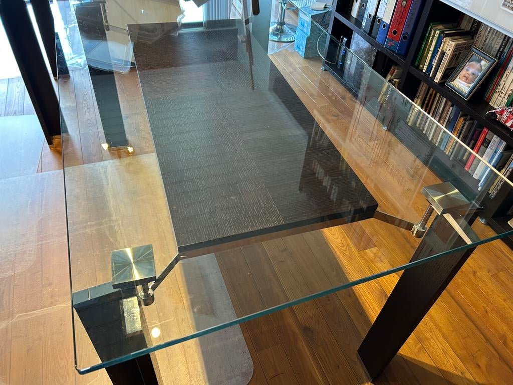 Table en verre, bois et métal, Bureau d'ordinateur, 150 cm, Comme neuf, Enlèvement