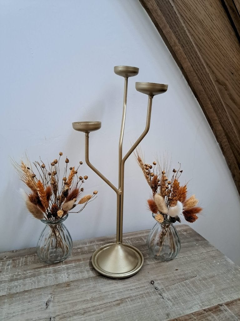 4 goudkleurige kandelaars, Enlèvement ou Envoi, 35 cm, Utilisé, Chandelier
