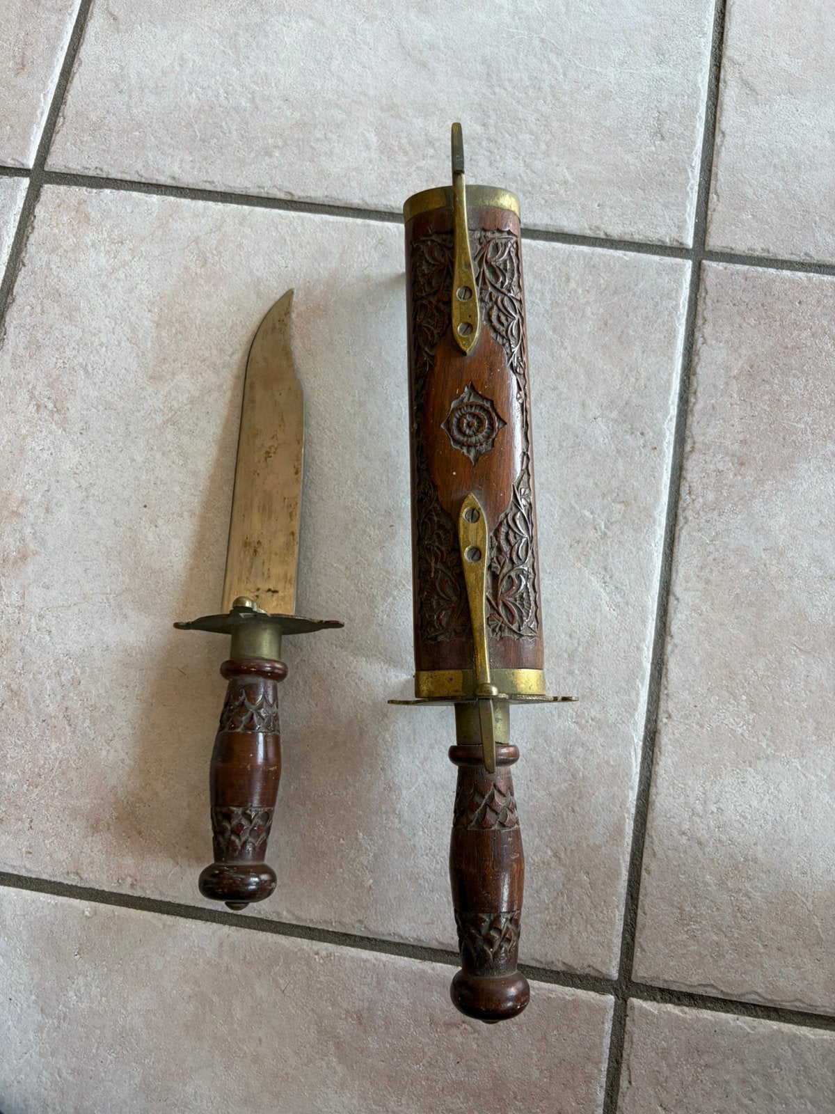 Vintage Indiase handgesneden vleesmes & vleesvork, Antiek en Kunst, Ophalen