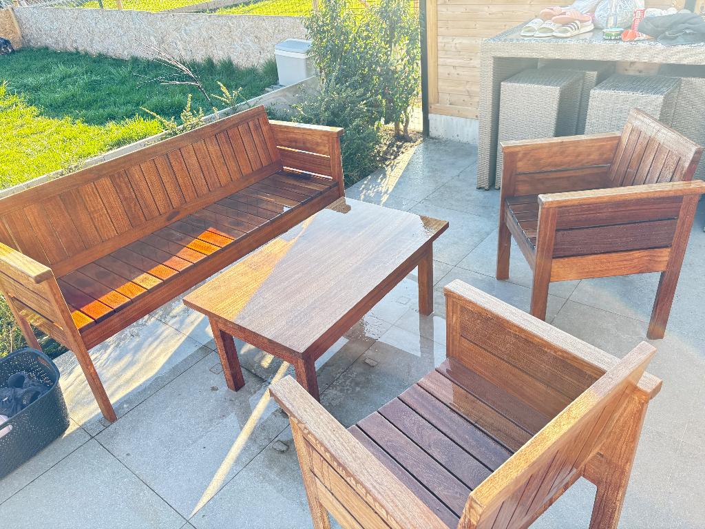 Tuinbank met tafel en stoelen, Ophalen, Gebruikt, Hout