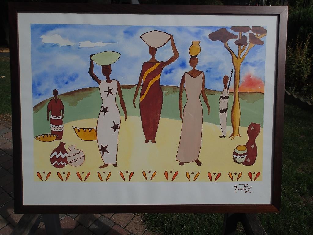 Aquarelle encadrée " Femmes d' Afrique", Ophalen