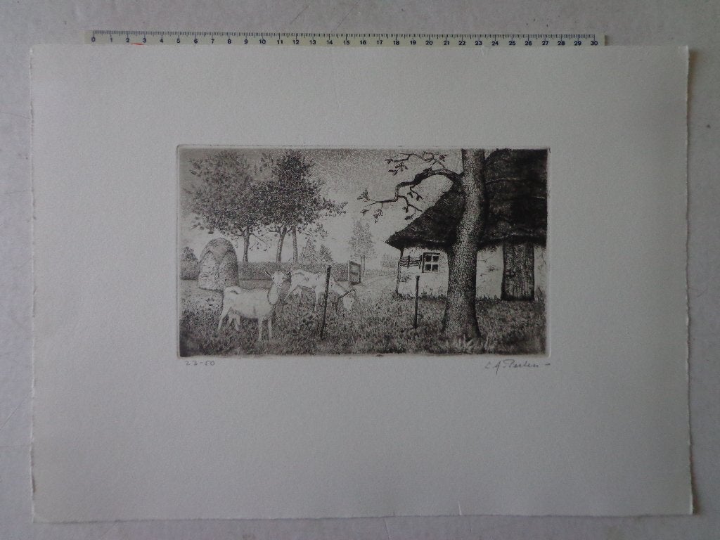 ets van Louis A. Peeters Kempische hoeve, bomen en geitjes, Antiek en Kunst, Ophalen of Verzenden, Gesigneerd, Landschap, 1950 - 1999