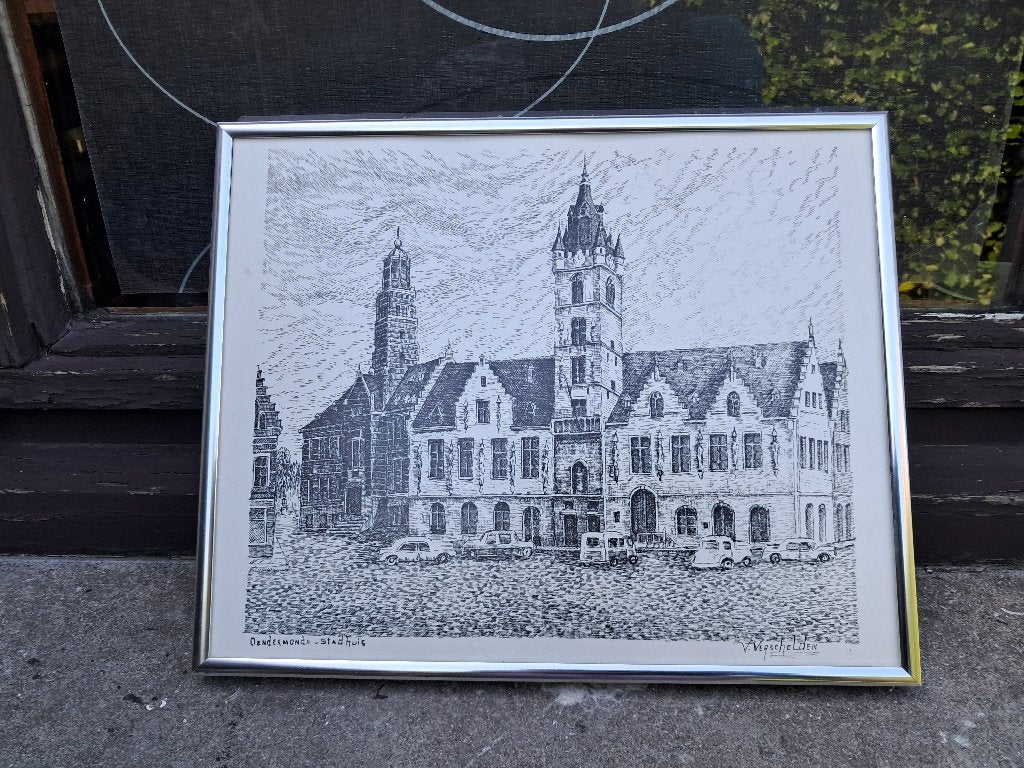 ETS  of Litho " STADHUIS VAN DENDERMONDE", Antiek en Kunst, Kunst | Etsen en Gravures, 26 cm, Ets, Stadsgezicht, Ophalen of Verzenden