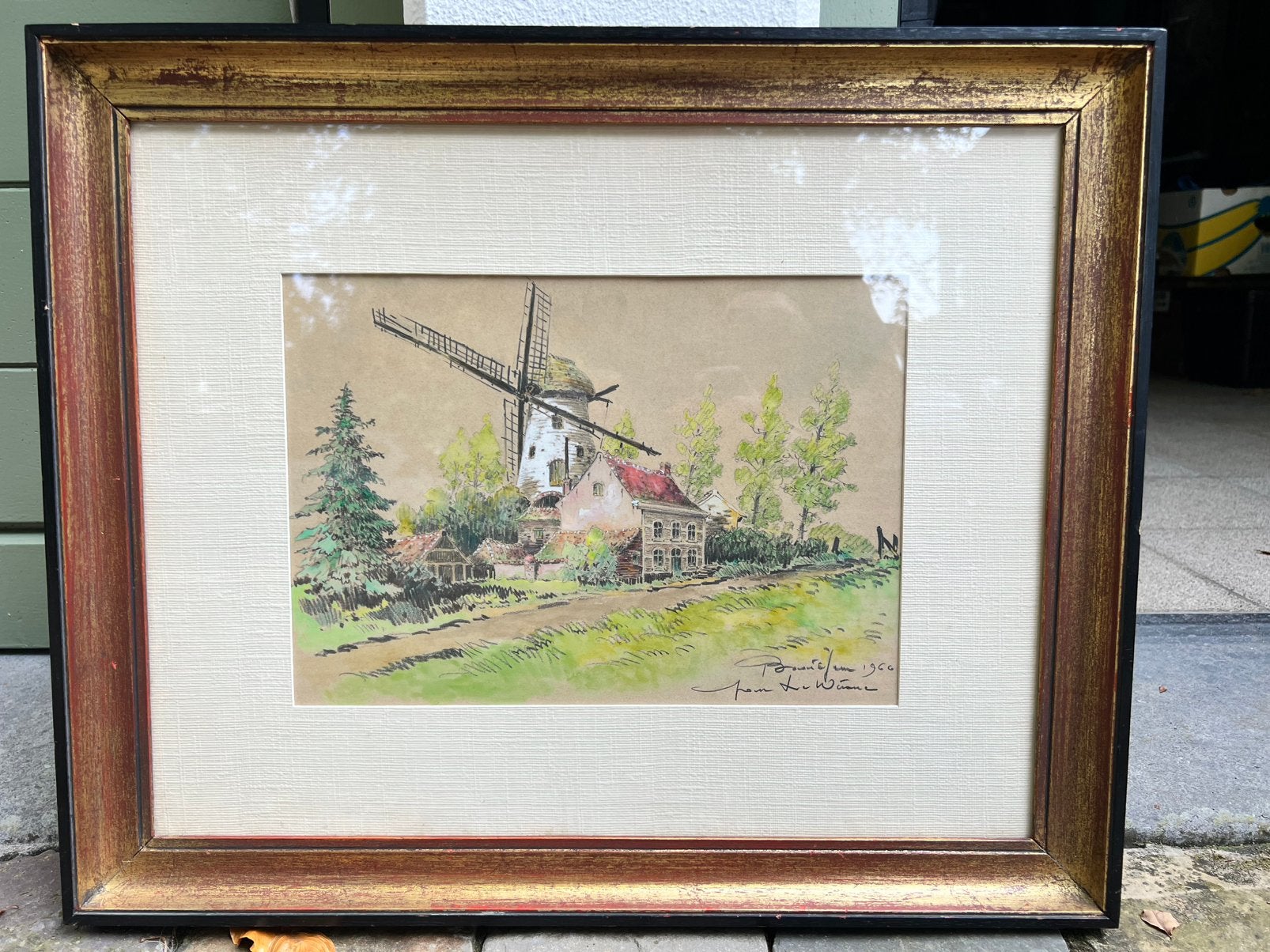 Jan De Winne 1966 Originele tekening, Windmolen in landschap, Antiek en Kunst, Ophalen, Gedateerd, Landschap, Aquarel