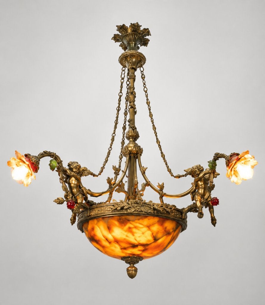 Franse bronzen kroonluchter met albasten schaal en putti, Antiek en Kunst, Antiek | Verlichting, Ophalen