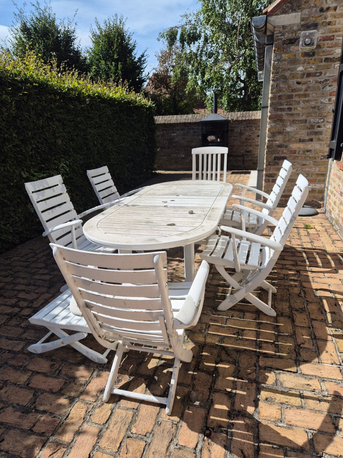 Gratis af te halen. Houten tuinset 6 stoelen, Jardin & Terrasse, Ensembles de jardin, Salons de jardin, Enlèvement, Utilisé, Bois