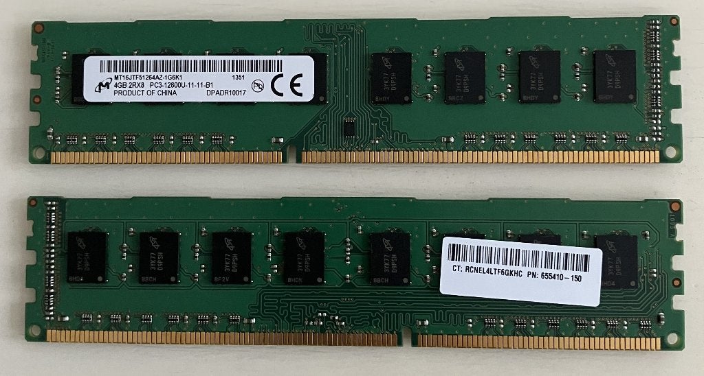 2 x Micron 4GB 2Rx8 PC3-12800U, Computers en Software, RAM geheugen, Ophalen, Gebruikt, Desktop, 4 GB