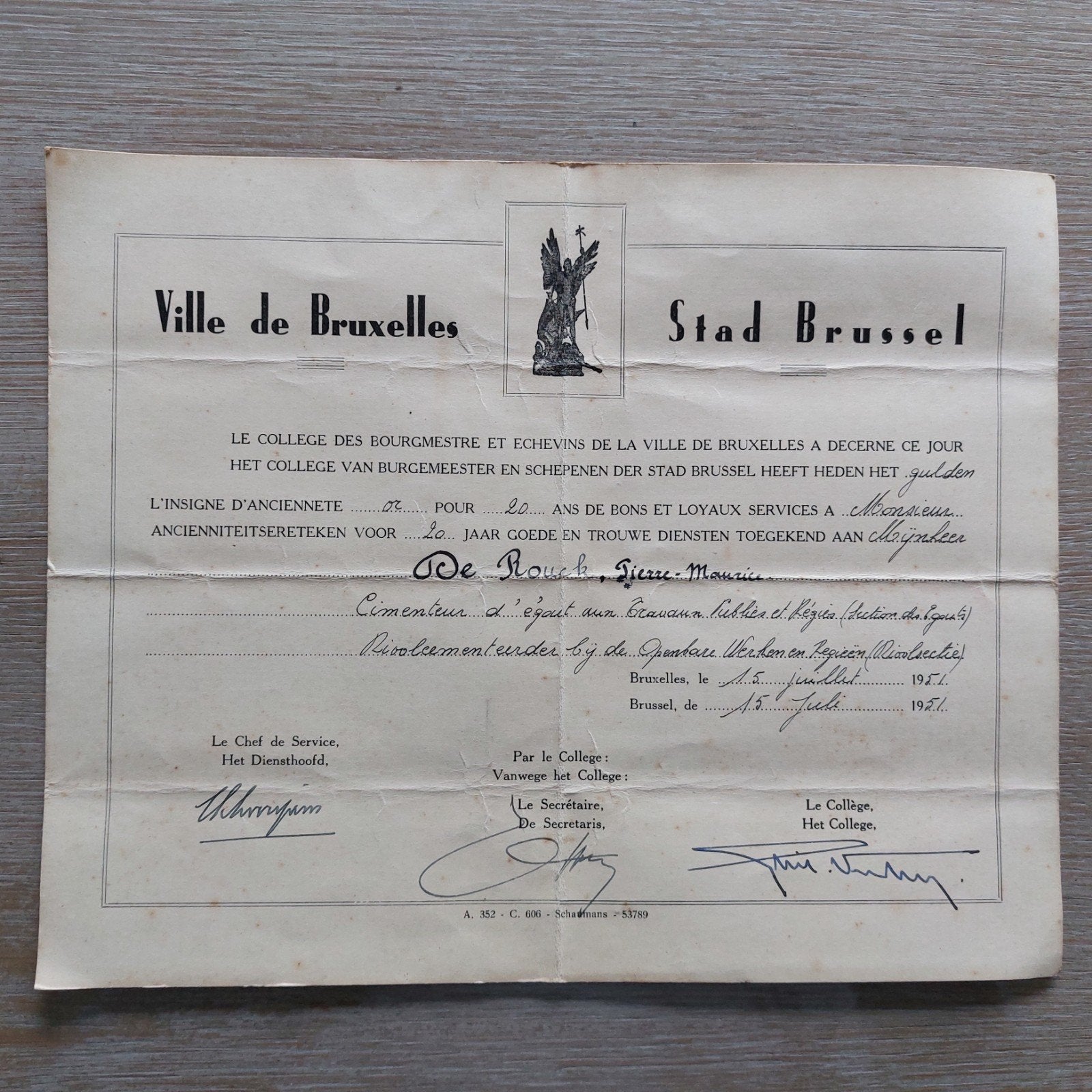 Getuigschrift 20 jaar dienst (Stad Brussel), Ophalen of Verzenden