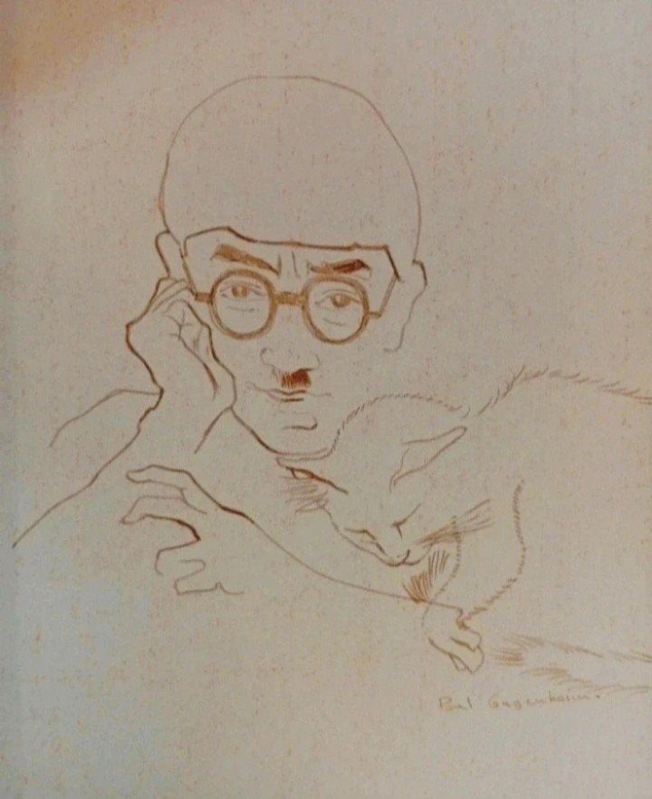Foujita et son chat. Dessin ancien signé, Dessin, Signé
