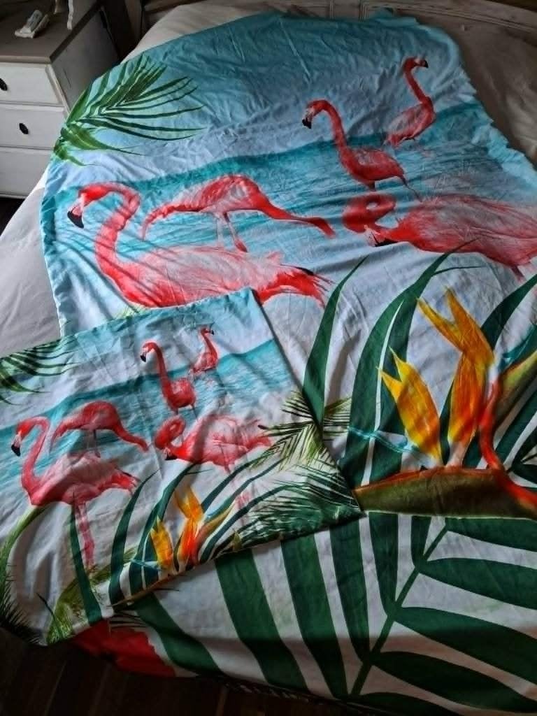 Flamingo dekbedovertrek 1 persoons, Instopstrook, Ophalen of Verzenden, Zo goed als nieuw, Meerkleurig