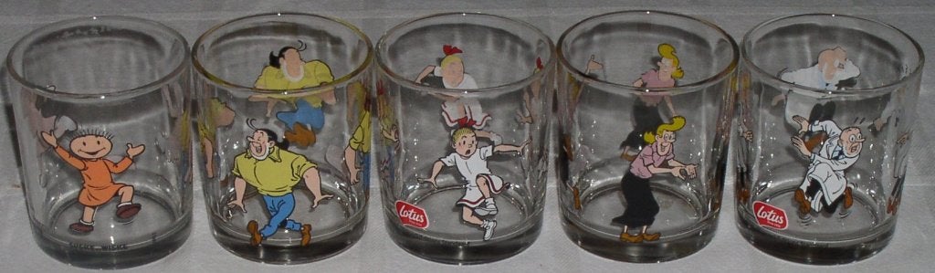 5 waterglazen met figuren uit de albums van Suske en Wiske, Verzamelen, Ophalen of Verzenden, Zo goed als nieuw, Glas of Glazen