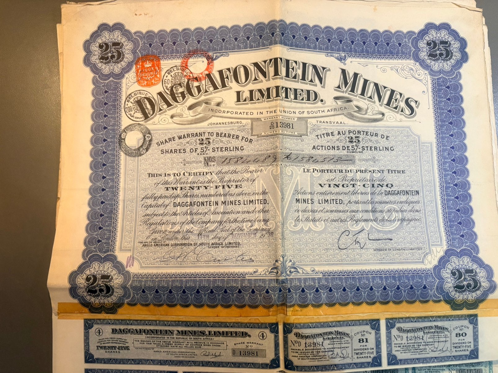 Ancien Titre Action - Daggafontein Mines Limited (1936), Postzegels en Munten, Aandelen en Waardepapieren, Verzenden