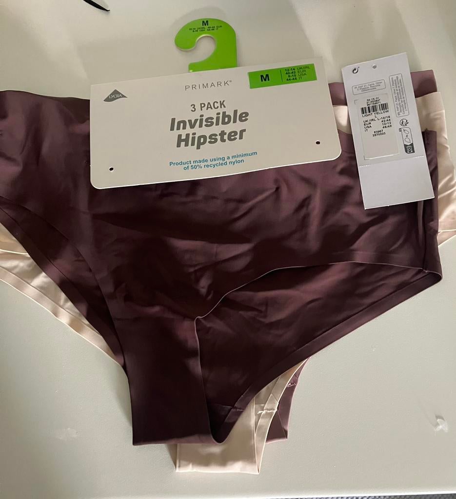 Pack de 3 culottes invisible hipsters primark M, Enlèvement, Beige, Slip