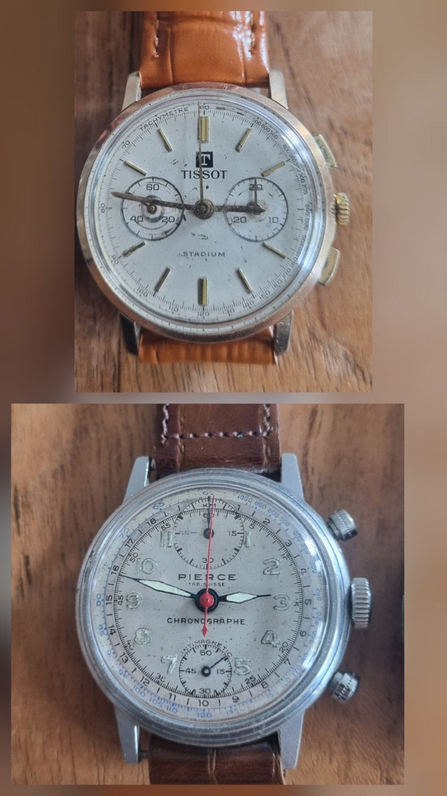 2 oude chrono's, Handtassen en Accessoires, Met bandje, Tissot, Polshorloge, 1930 tot 1960