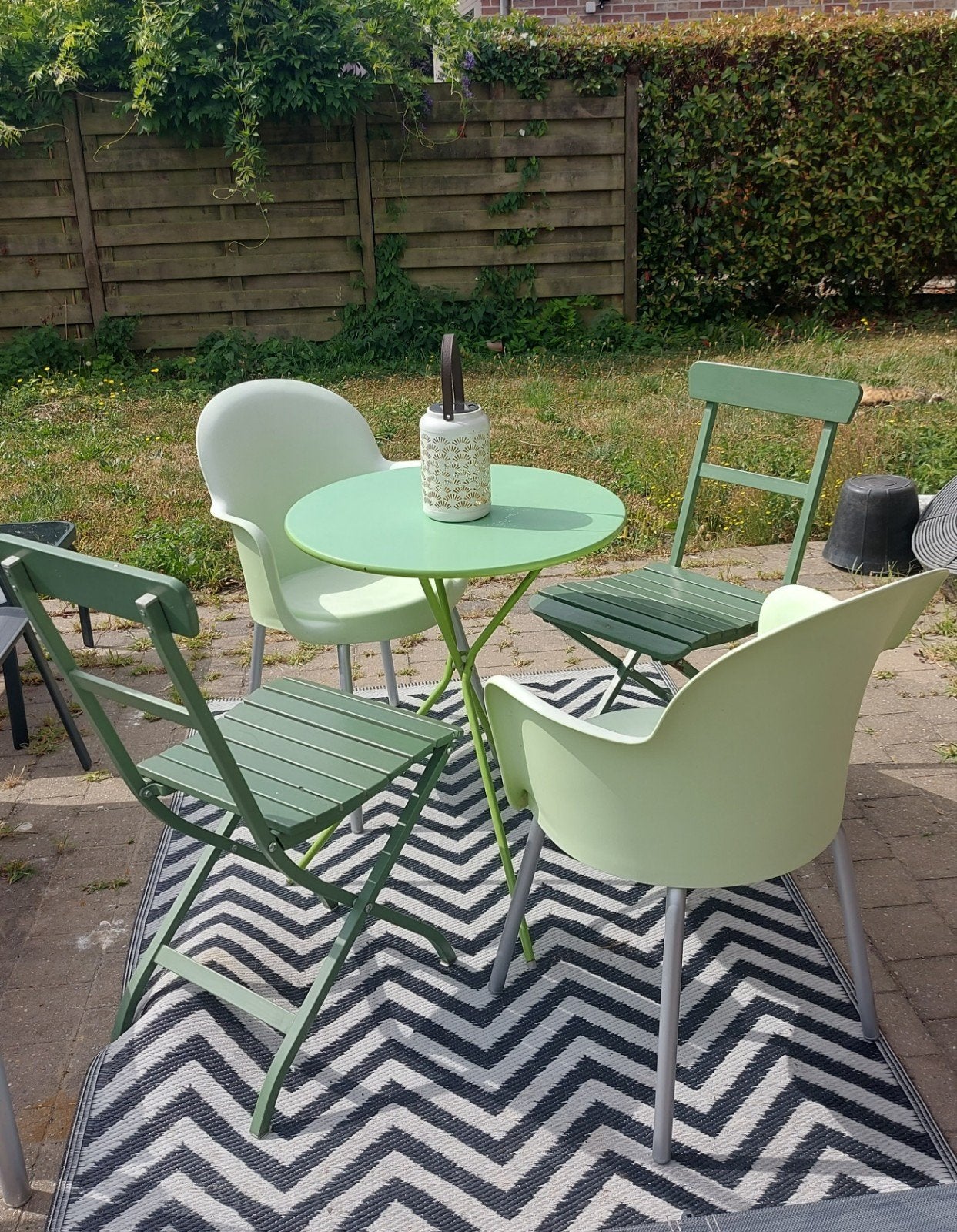 Tuinset met tafel/4 fauteuils/deco om mee te nemen, Tuin en Terras, Tuinsets en Loungesets, Ophalen
