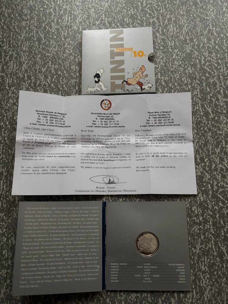 België 10 euro 2004 (PROOF - folder) "75 years of Tintin", Postzegels en Munten, Setje, Zilver, België, Ophalen of Verzenden