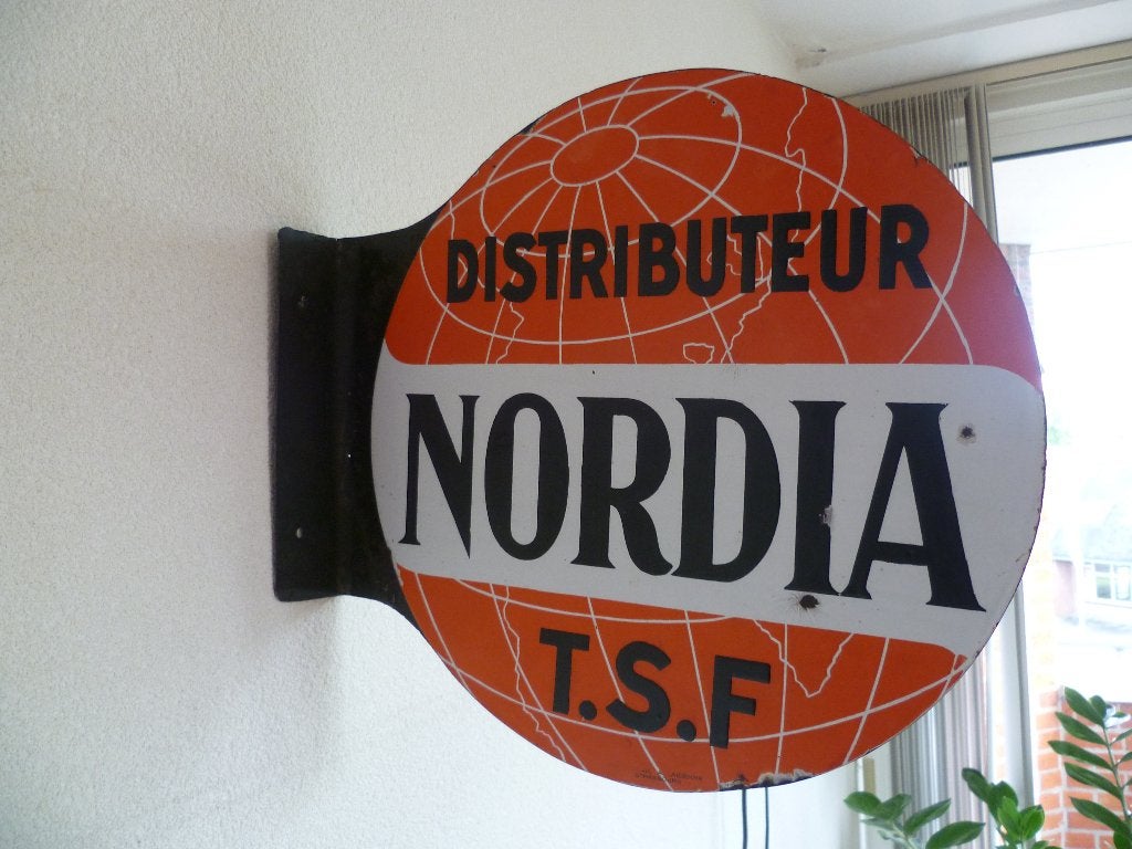 EMAILLE RECLAMEBORD"NORDIA T.S.F.DISTRIBUTEUR"UIT JAREN 30, Ophalen of Verzenden, Gebruikt, Reclamebord