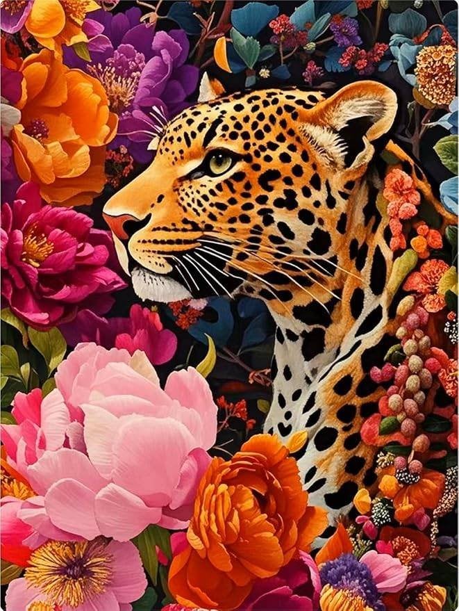 50x40cm Diamond Painting luipaard bloemen nr 947, Verzenden, Nieuw, Meerkleurig, Overige materialen