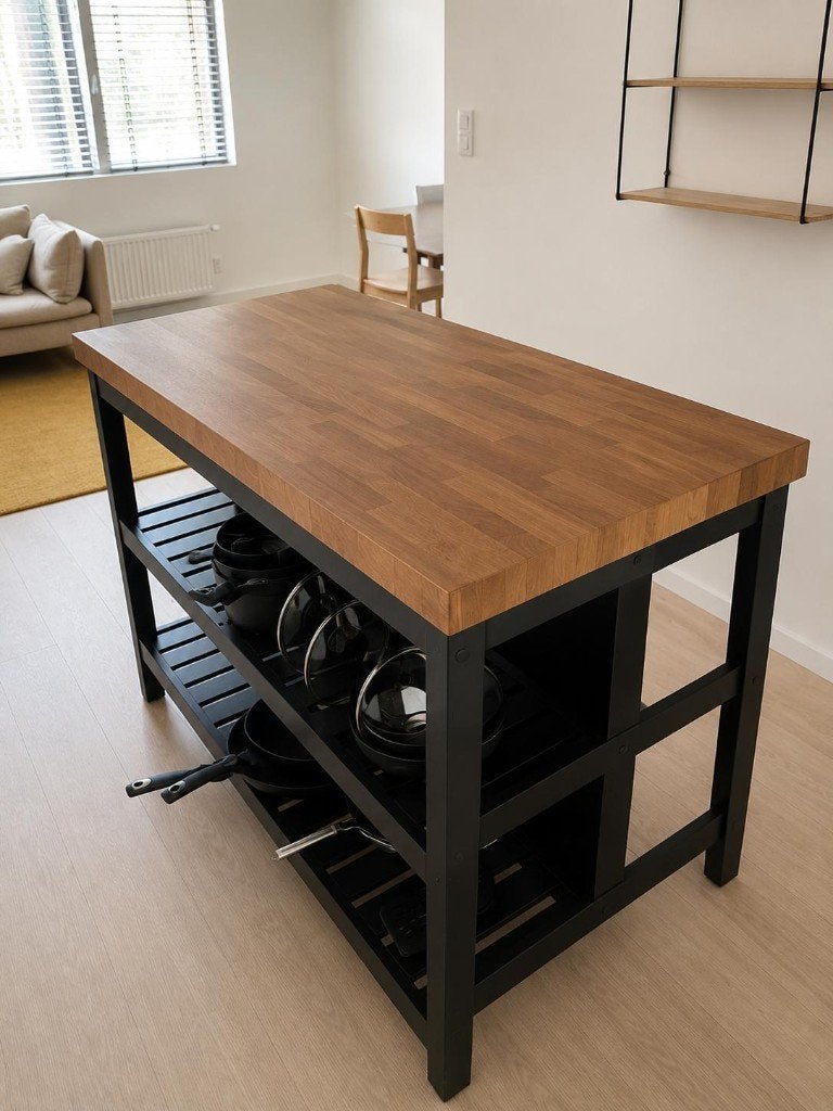 Keukeneiland VADHOLMA zwart/eiken, 126x79x90 cm, Ophalen, 100 tot 150 cm, 75 cm of meer, Zwart