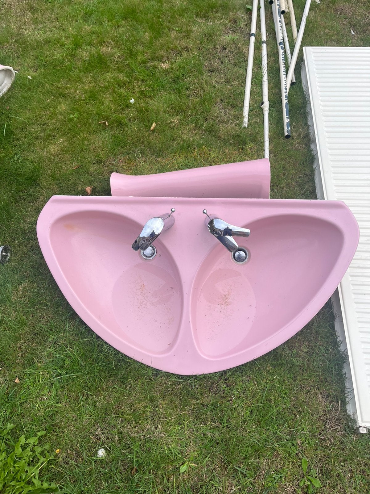 Vintage dubbele Roze lavabo jaren 70, Maison & Meubles, Enlèvement, Utilisé, Lavabo ou Évier