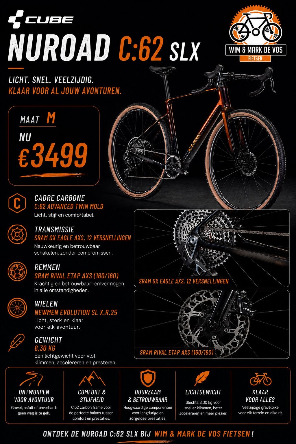 Nieuwe : Cube Nuroad C:62 SLX Gravel Bike Sram Force eTap, Fietsen en Brommers, Ophalen, Carbon
