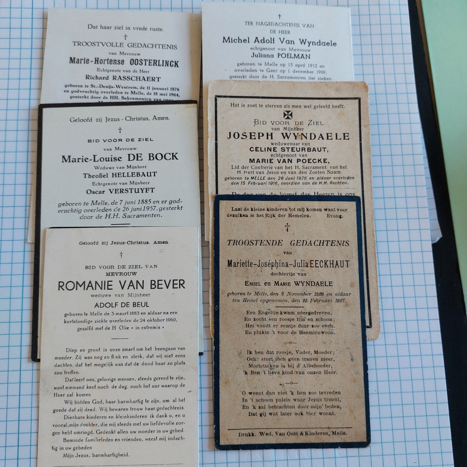 6 oude doodsprentjes Melle, Ophalen of Verzenden