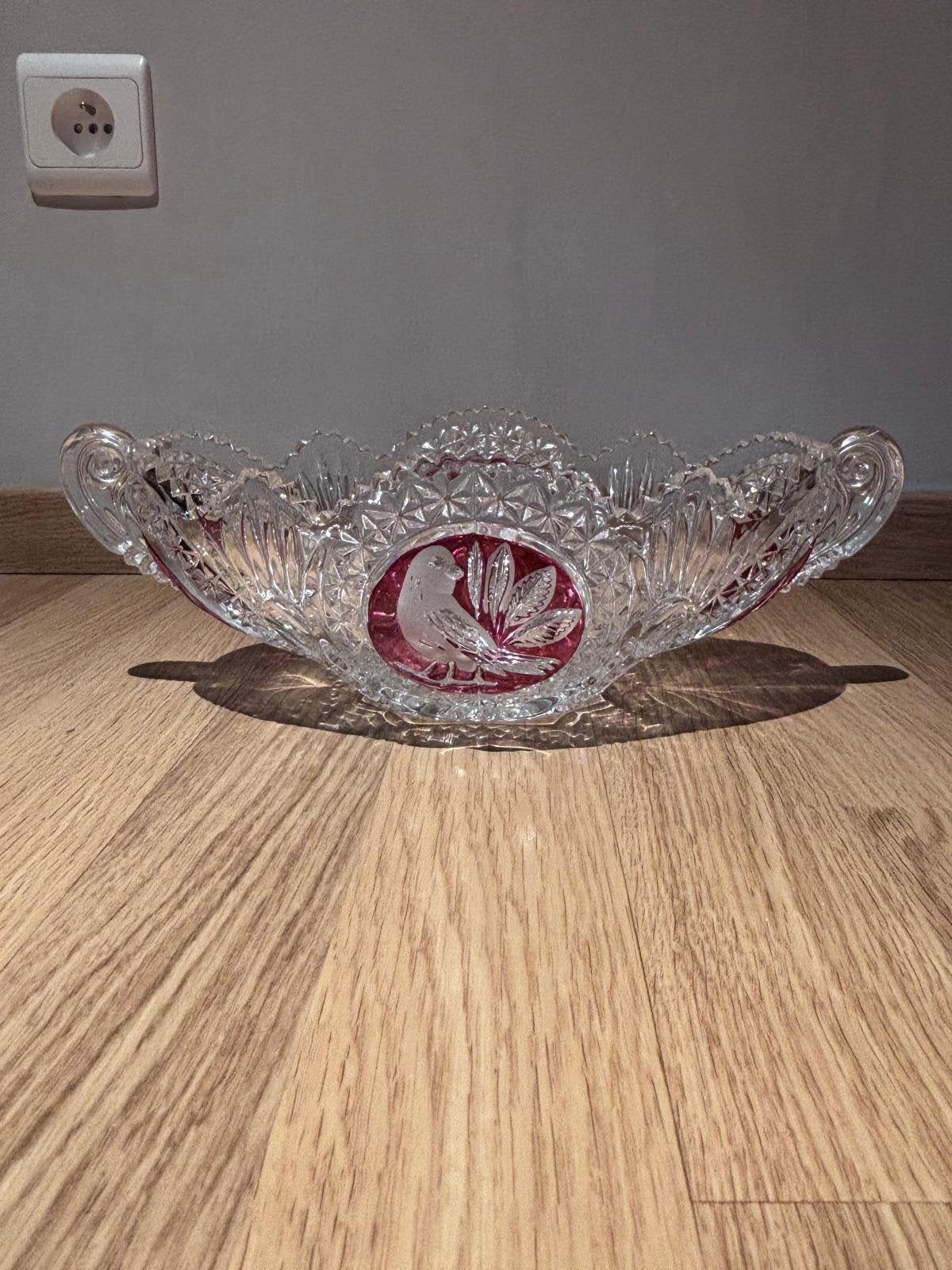 Antieke/Vintage Kristallen Sierschaal met Robijnrode Vogels, Ophalen of Verzenden, Zo goed als nieuw, Glas, Schaal