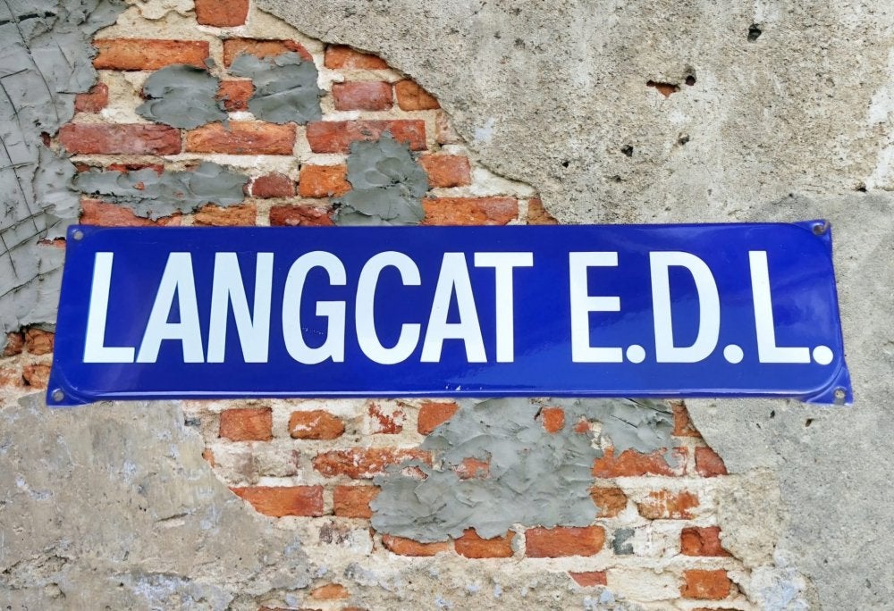 Authentiek en origineel emaille bord LANGCAT E.D.L., Verzamelen, Ophalen of Verzenden, Gebruikt, Reclamebord
