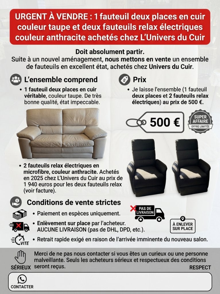 Te koop, een 2-zitsfauteuil en 2 elektrische relaxstoelen, Ophalen, Gebruikt, Overige maten, Leer