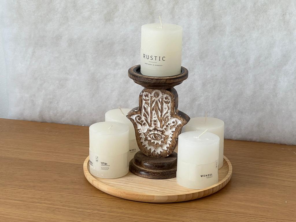 Lot bougeoir Hamsa bois sculpté + 5 bougies Rustic  Déco zen, Enlèvement ou Envoi, Comme neuf, Blanc, Bois